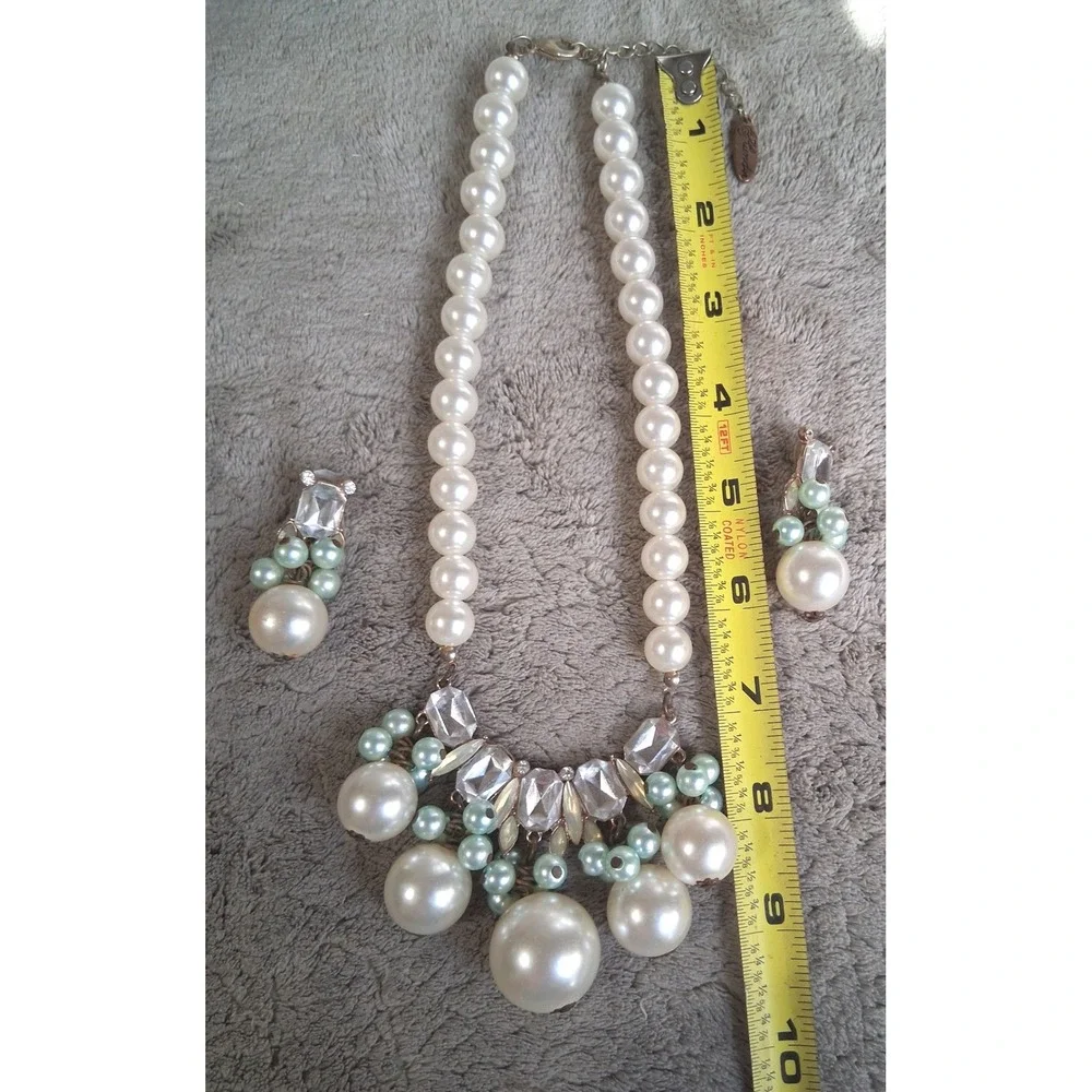 Plunder Design April 2018 Posse Statement Pearl Rhinestone Bib Necklace Earrings